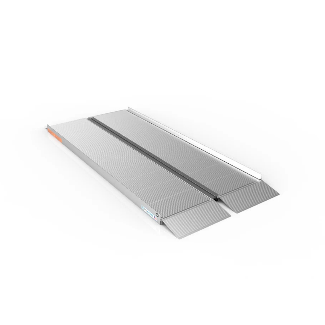 The EZ-Access SUITCASE® Singlefold Mobility Ramp is a portable, foldable aluminum ramp with a textured surface for traction, raised safety edges, and a center hinge for easy folding—ideal for accessibility over steps or curbs. See Specifications and Videos for details.